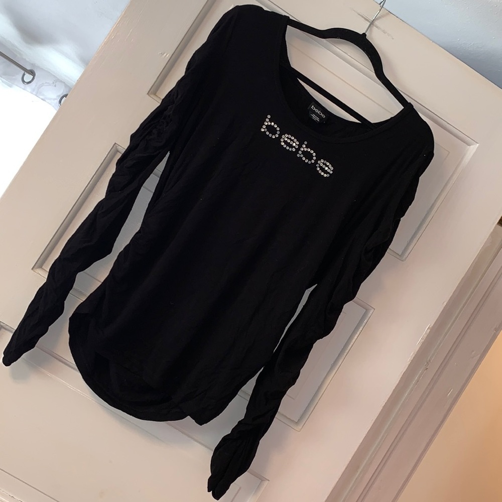 XL Bebe Bling logo stretchy tight fitting top black ruched sleeves